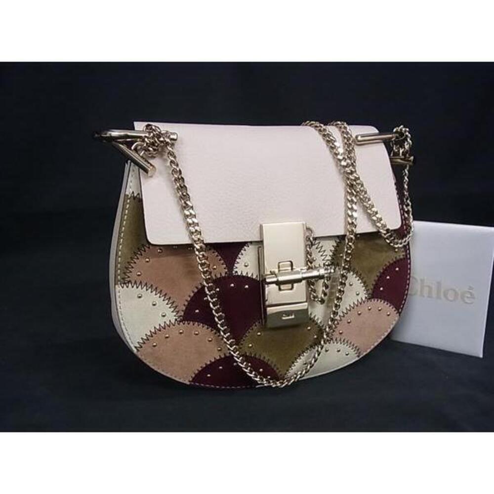 Chloe Drew Leather Suede Chain Patchwork Shoulder Bag Crossbody Beige